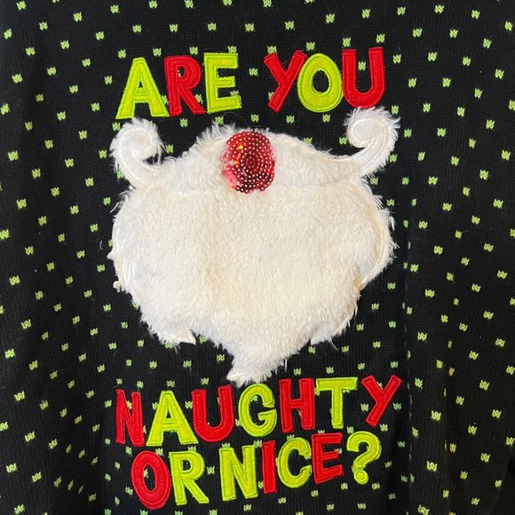 Merry Christmas Ugly Sweater Are You Naughty Or Nice Black 3D Fur Santa Beard - Picture 2 of 9